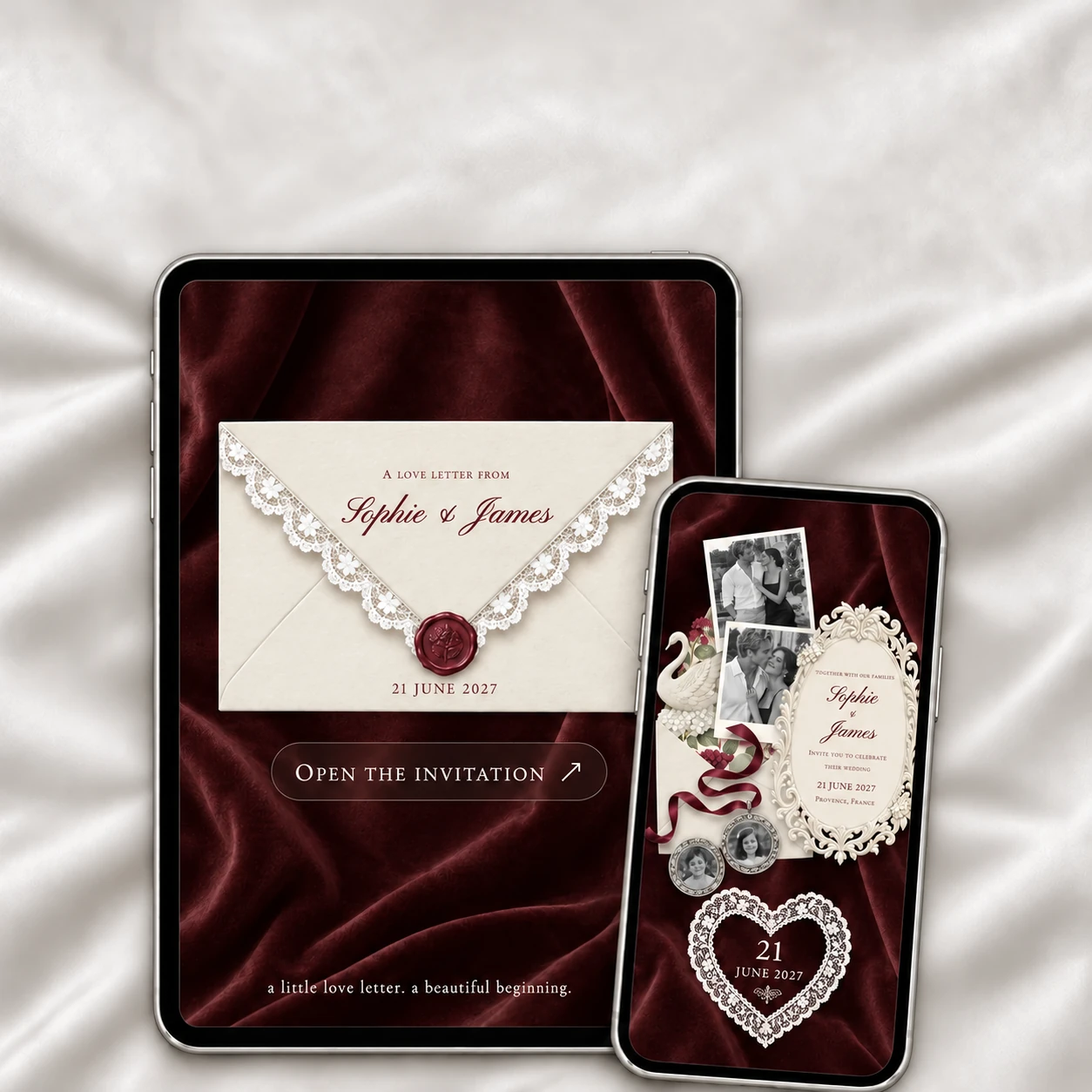 Burgundy Wedding Website shown on a tablet and phone