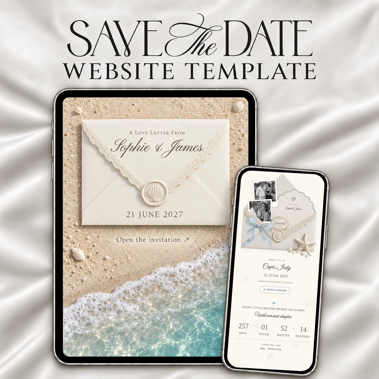 A tablet displays the ivory lace envelope beside the sea; a phone shows the opened Coastal Save the Date with a shell card, blue ribbon and pearls, on white silk