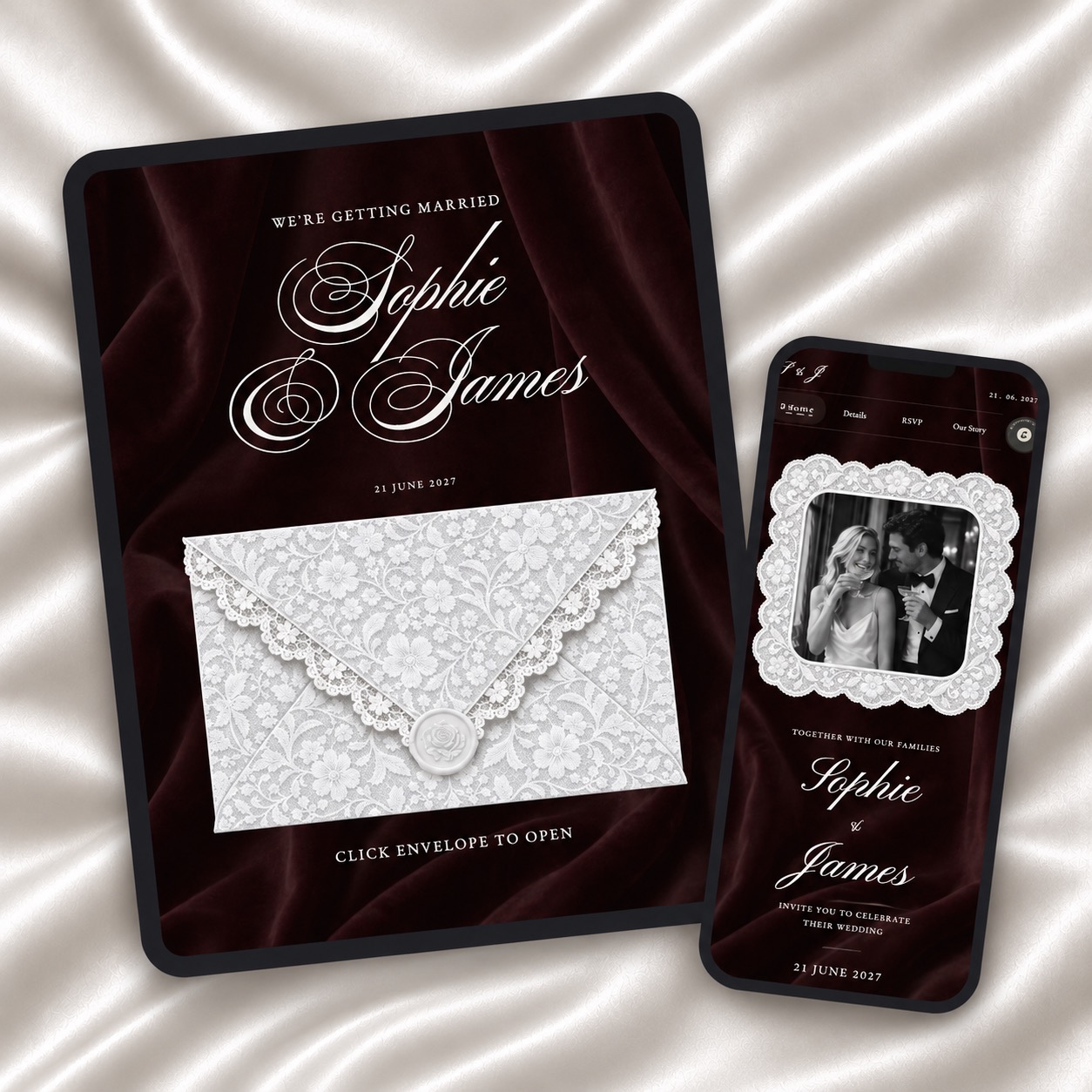 Dark Burgundy Wedding Website shown on a tablet and phone