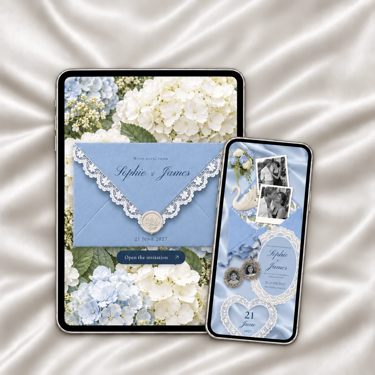 Dusty Blue Wedding Website shown on a tablet and phone