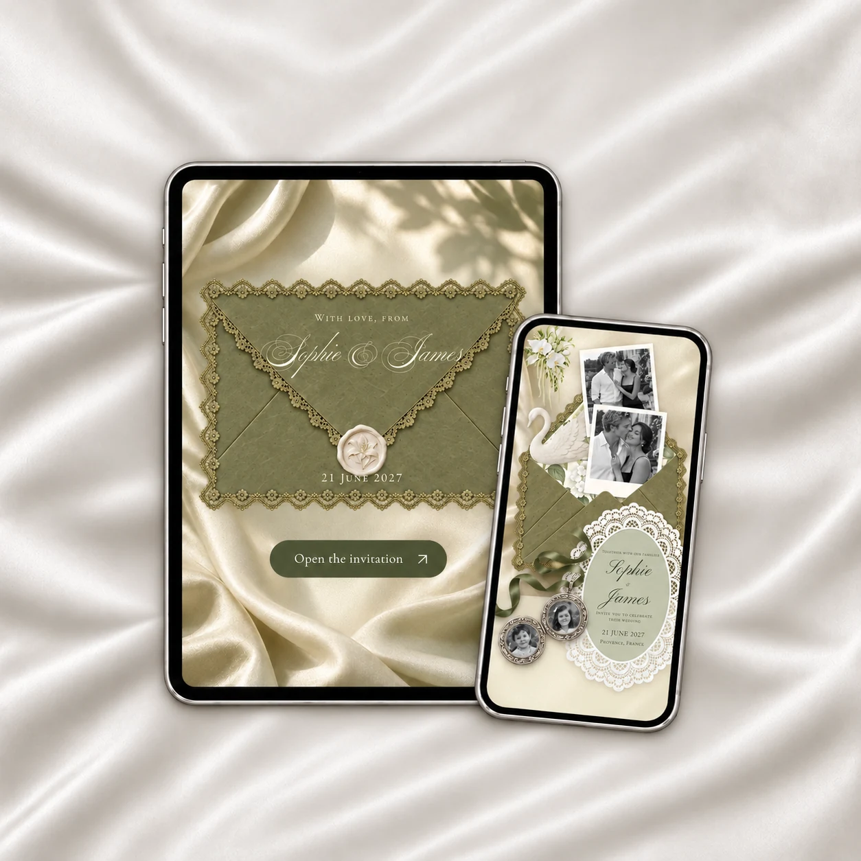 Olive Green Wedding Website shown on a tablet and phone