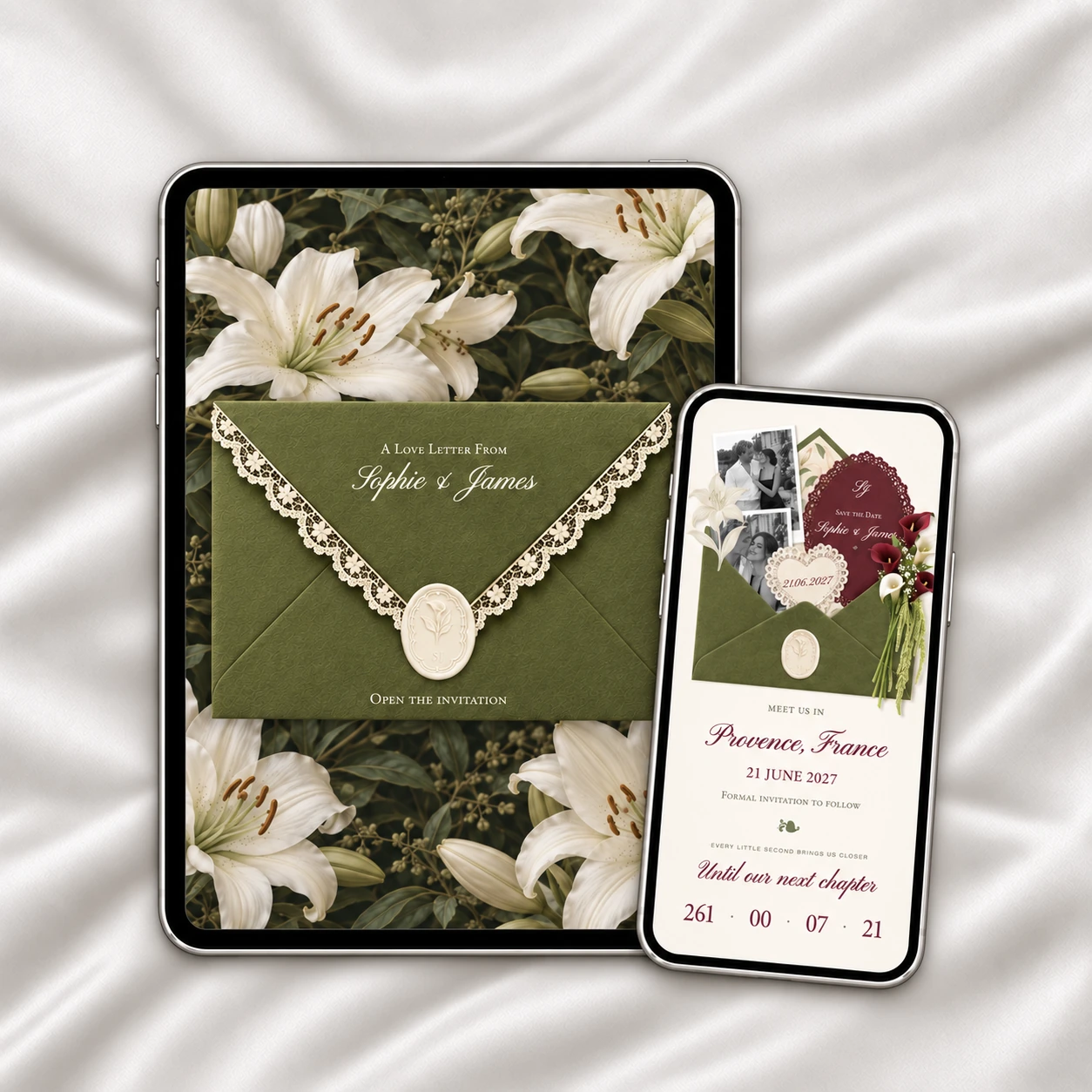 A tablet displays the olive green lace envelope with lilies; a phone shows the opened Save the Date, on white silk