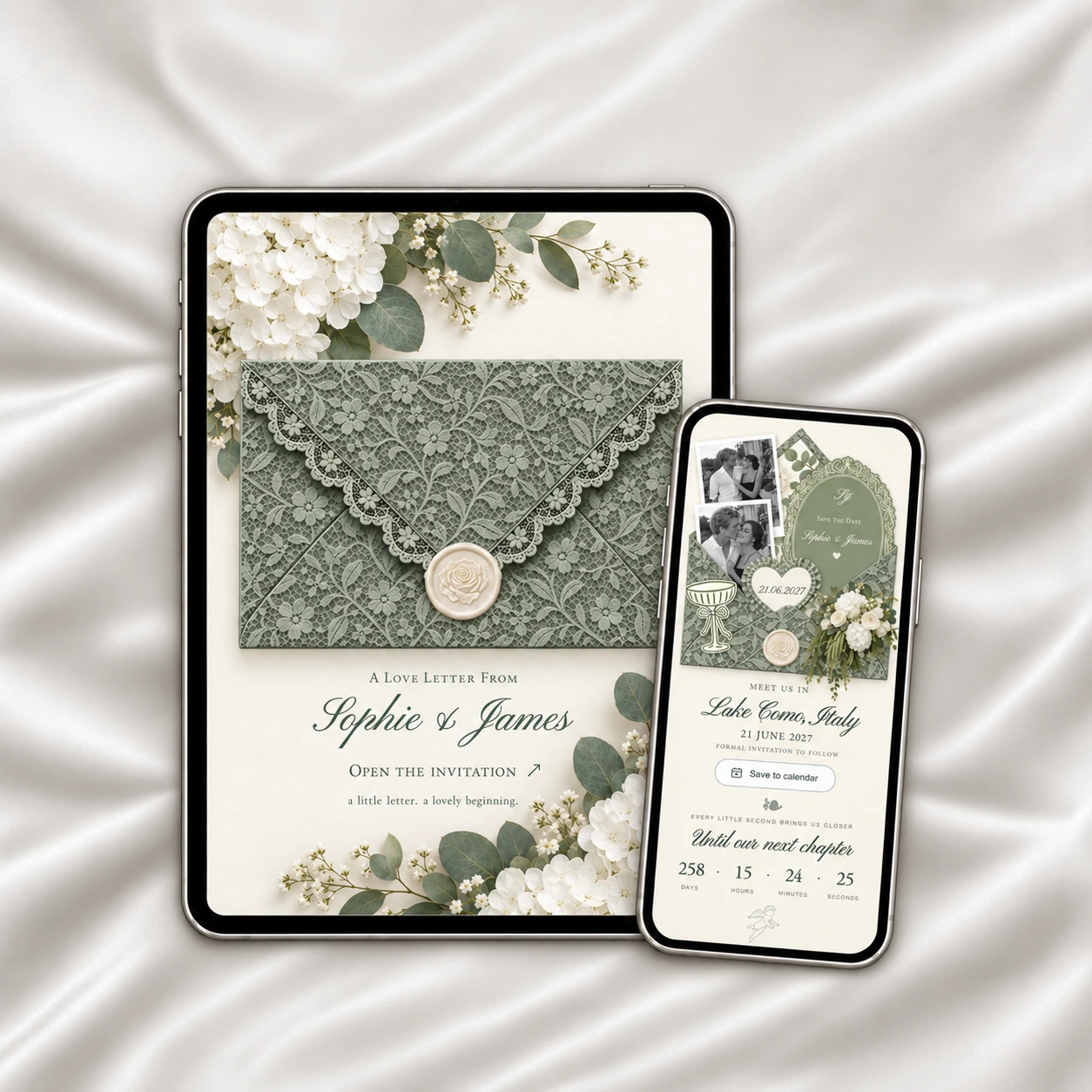 A tablet displays the sage botanical lace envelope with a rose seal; a phone shows the opened Save the Date, on white silk