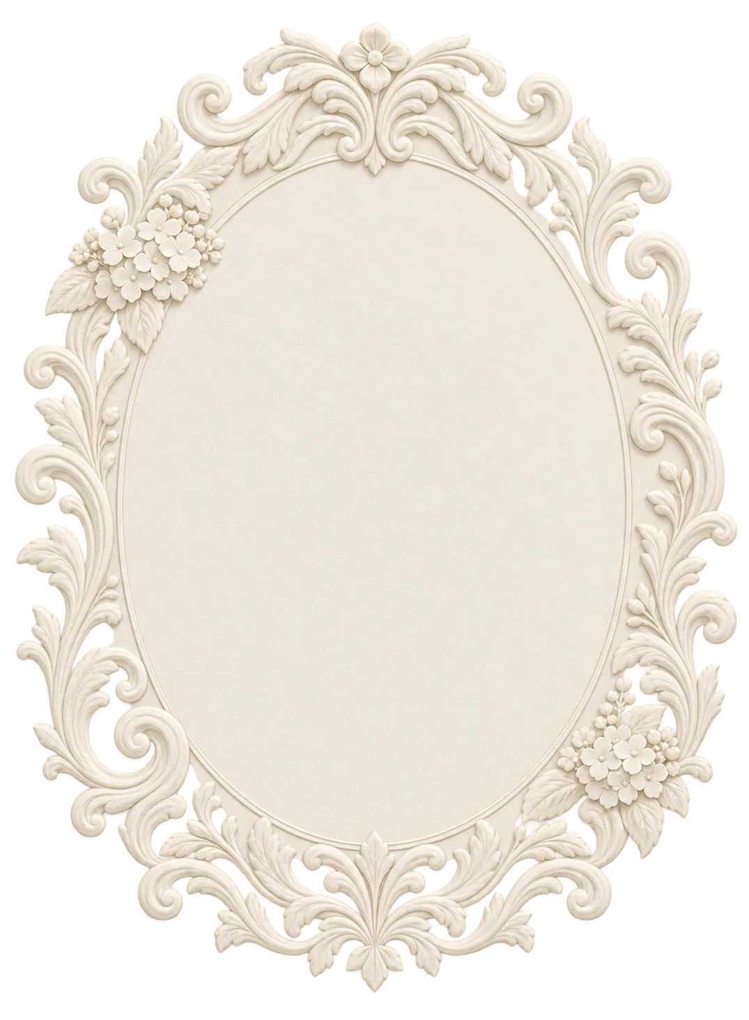 Ivory oval invitation with embossed hydrangeas and scrollwork