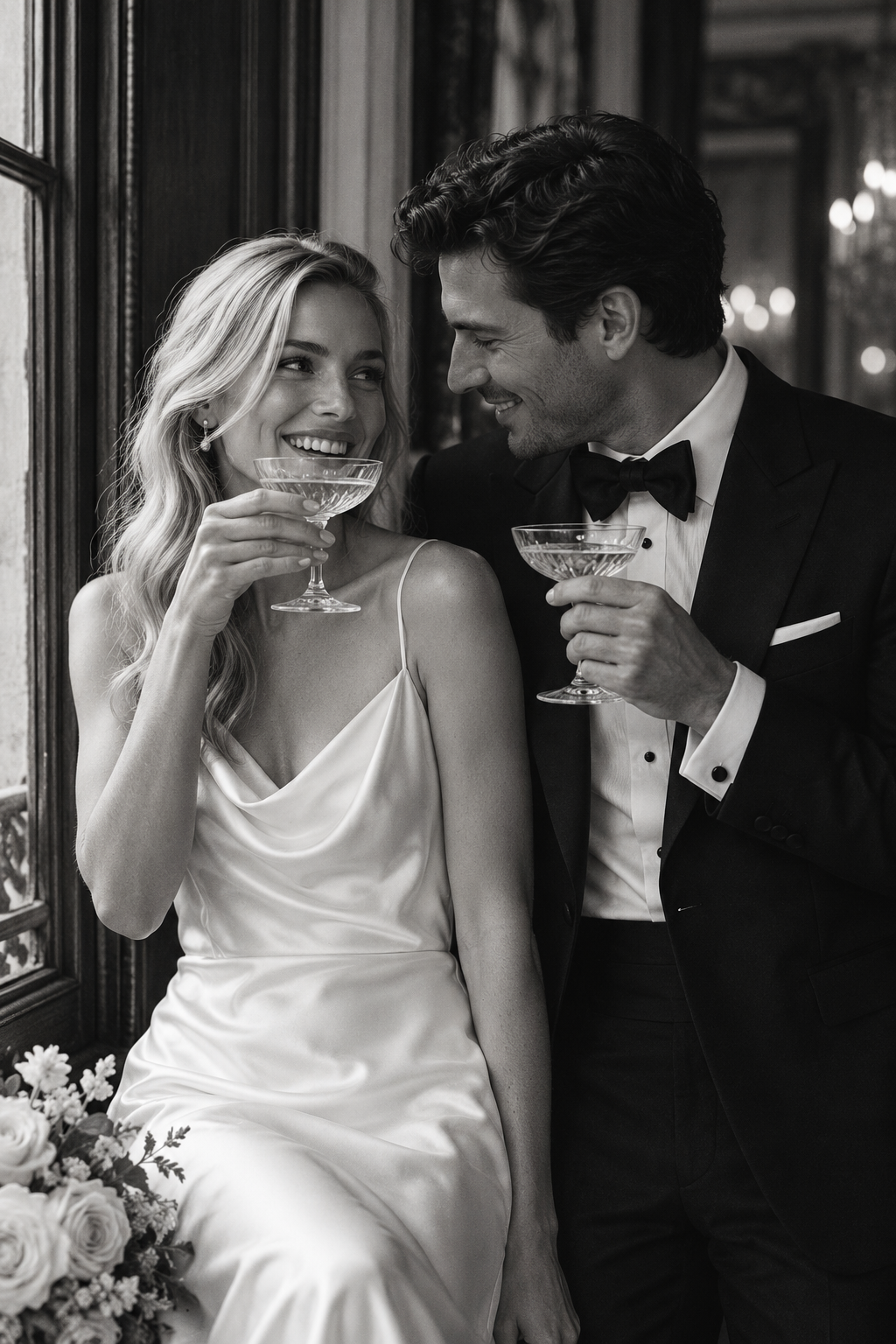 A blonde bride and her groom share a champagne toast beside a tall window