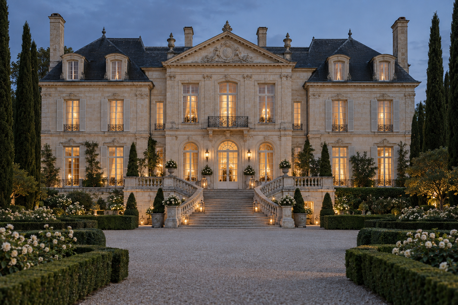 An illustrative French château with formal gardens and a candlelit staircase at dusk