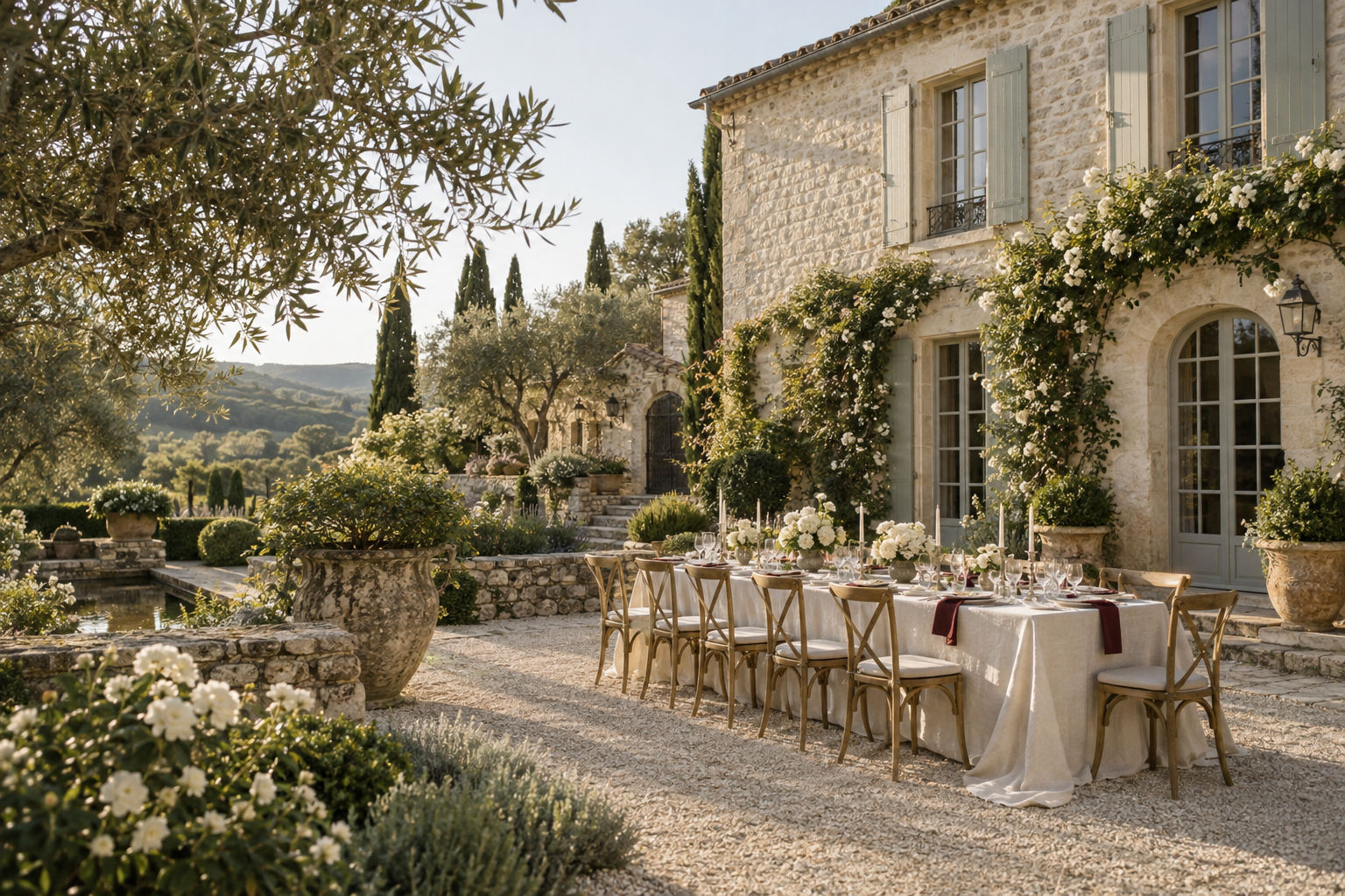 An illustrative Provençal stone estate with olive trees and a wedding table in its garden