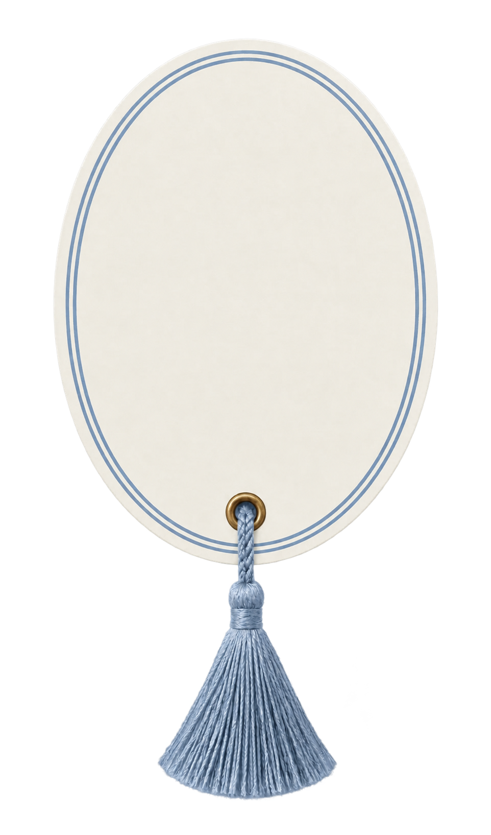 Ivory oval card with dusty blue double-line border and tassel