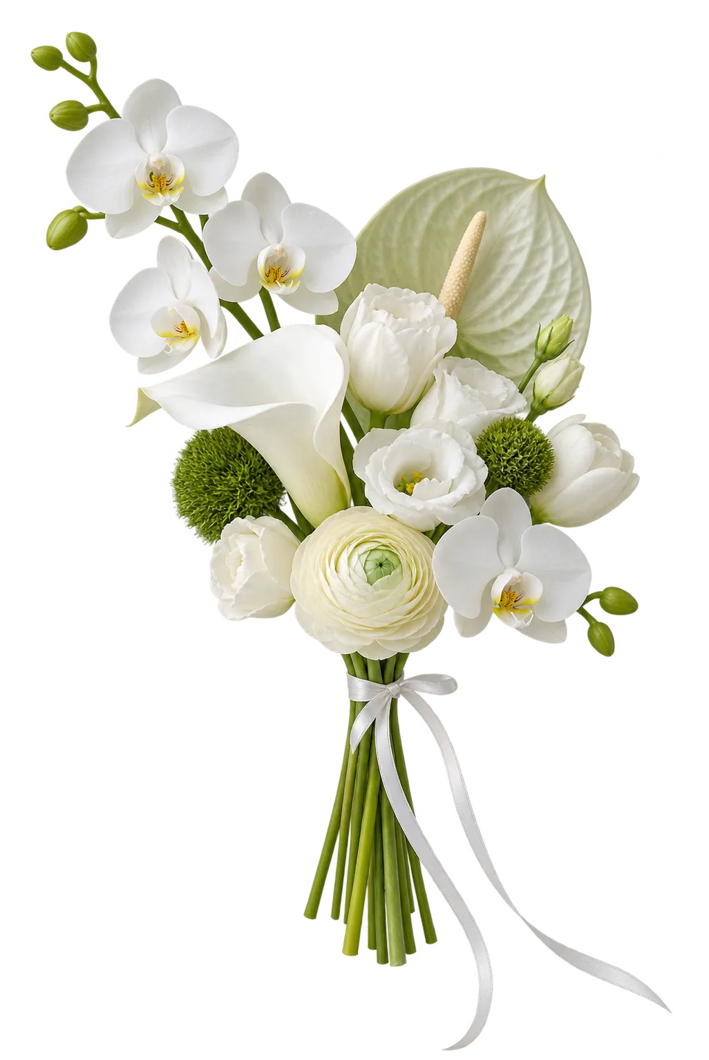 White orchids, callas and ranunculus tied with an ivory ribbon